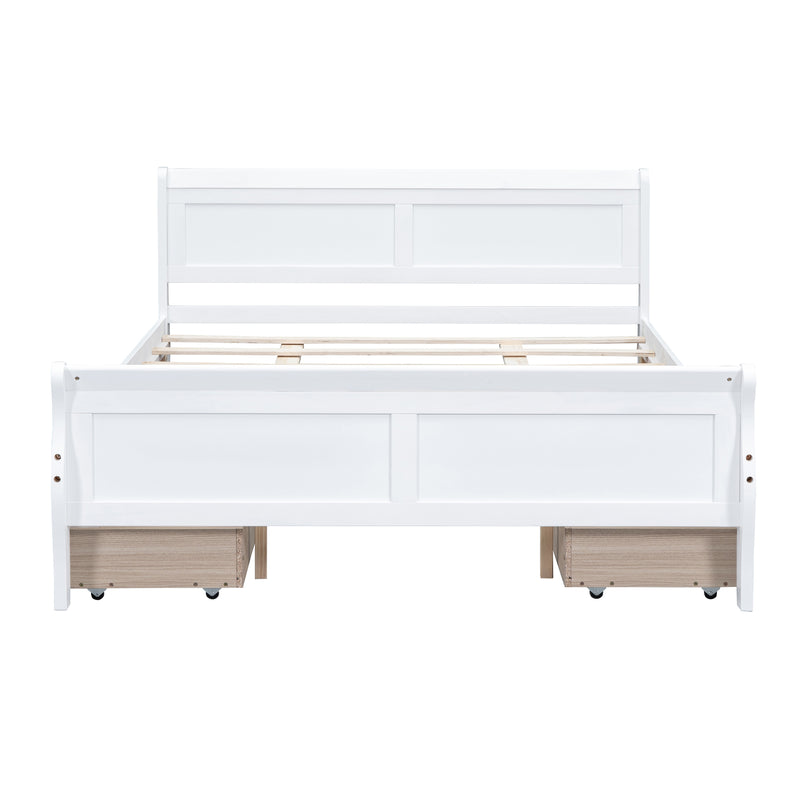 Queen Size Wood Platform Bed with 4 Drawers and Streamlined Headboard & Footboard, White