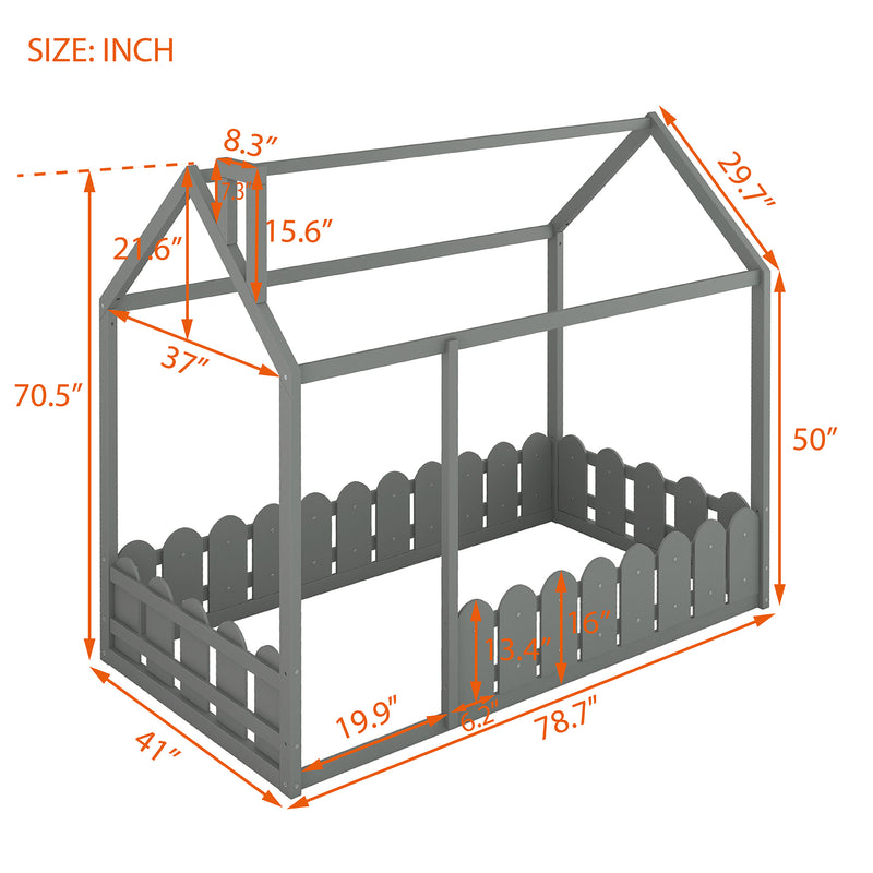 {Slats are not included}Twin Size Wood Bed House Bed Frame with Fence,for Kids,Teens, Girls,Boys {Gray}{OLD SKU:WF194274AAE}