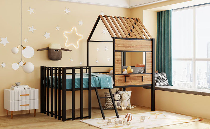 Twin Size Loft Bed With Roof, Window, Guardrail, Ladder