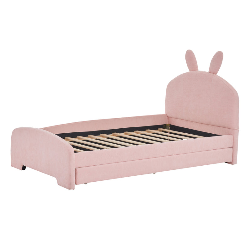 Twin Size Upholstered Platform Bed with Cartoon Ears Shaped Headboard and Trundle, Pink