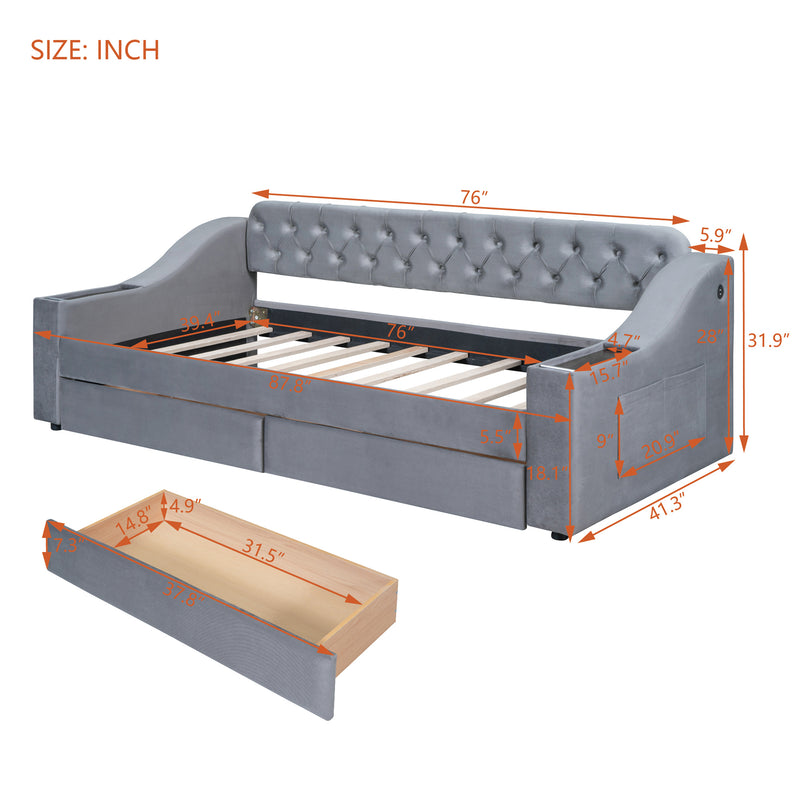 Twin Size Upholstered Daybed with Storage Armrests and USB Port, Gray