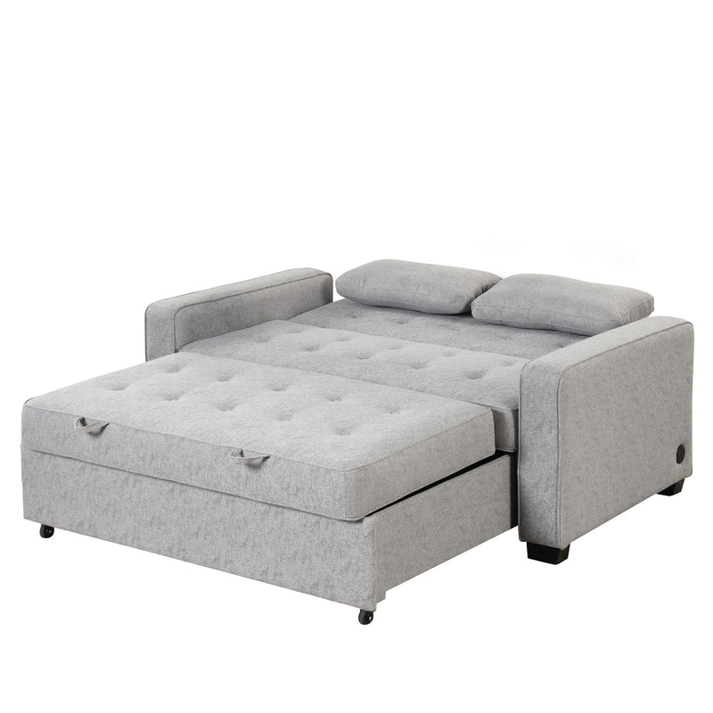 Upholstered Sleeper Bed, Pull Out Sofa Bed Couch Attached Two Throw Pillows, Dual USB Charging Port And Adjustable Backrest For Living Room Space