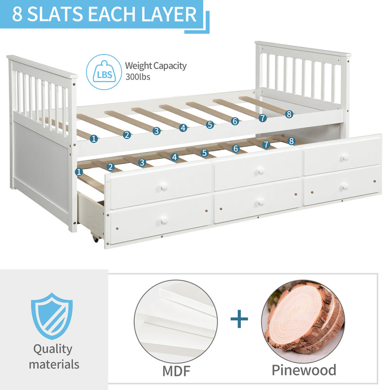 TOPMAX Captain's Bed Twin Daybed with Trundle Bed and Storage Drawers, White