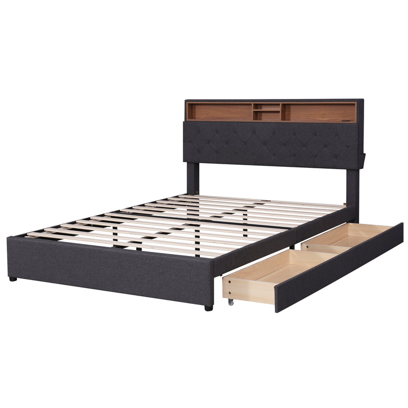 Queen Size Upholstered Platform Bed with Storage Headboard, LED, USB Charging and 2 Drawers, Dark Gray