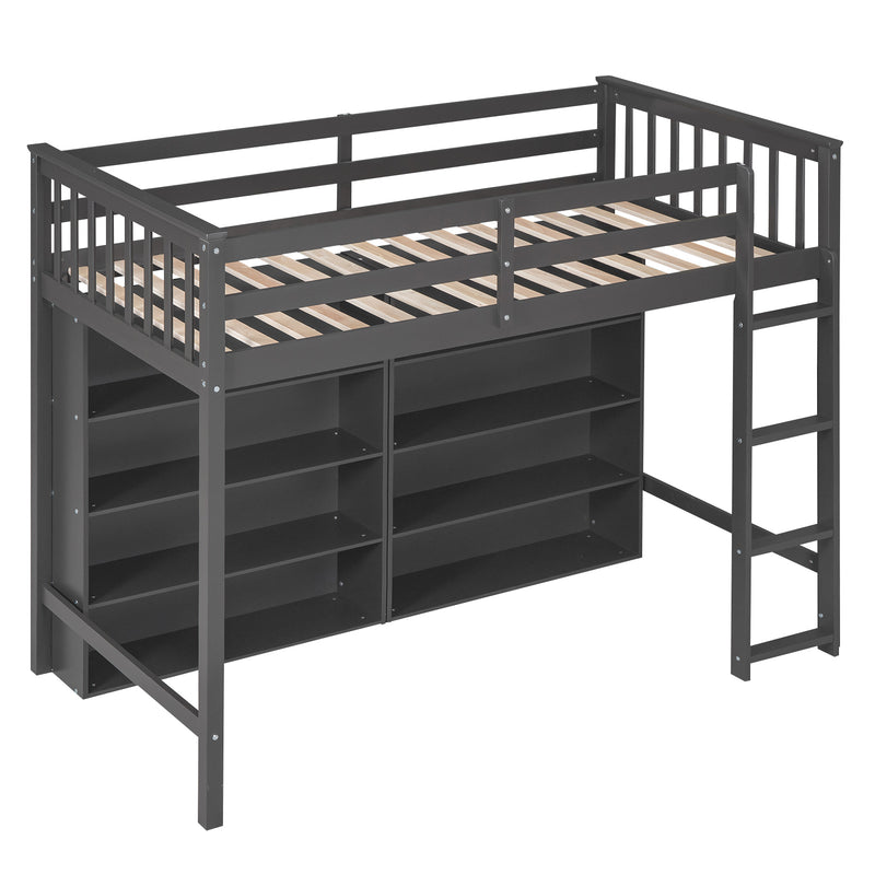 Twin Size Loft Bed with 8 Open Storage Shelves and Built-in Ladder, Gary