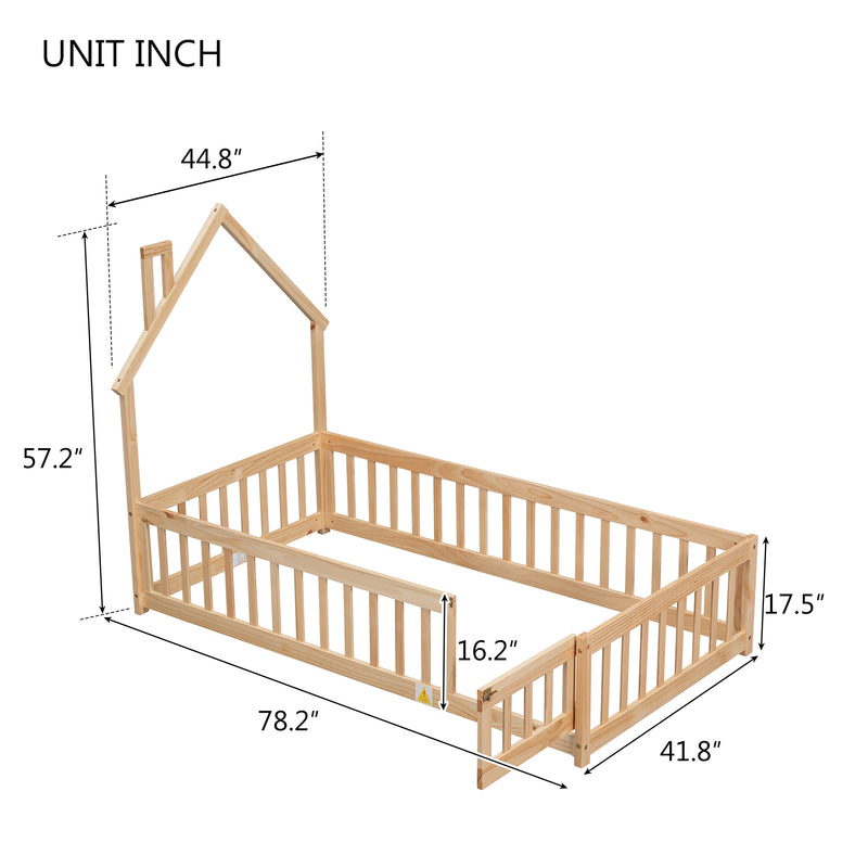 Twin House-Shaped Headboard Floor Bed with Fence
,Natural