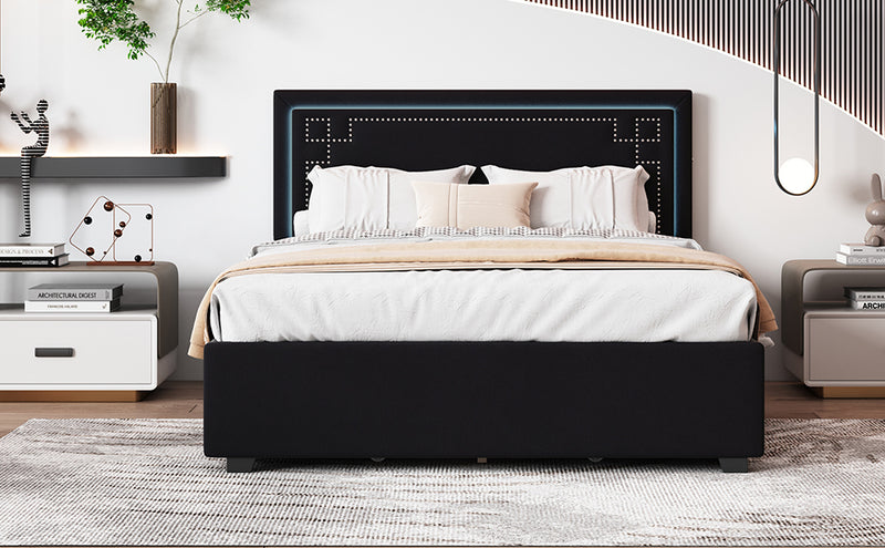 Queen Size Upholstered Platform Bed with Rivet-decorated Headboard, LED bed frame and 4 Drawers, Black