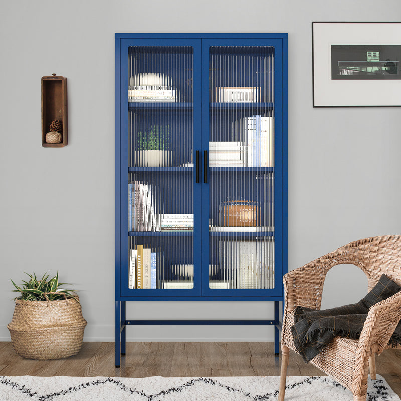 Double Glass Door Storage Cabinet with Adjustable Shelves and Feet Cold-Rolled Steel Sideboard Furniture for Living Room Kitchen BLUE