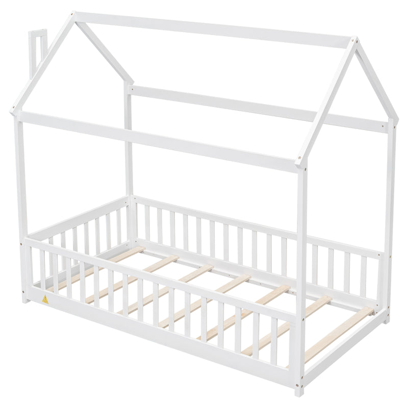 Twin House Bed with Guardrails, Slats ,White