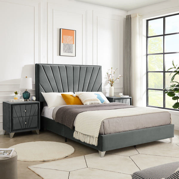 B108 Full bed with one nightstand, Beautiful line stripe cushion headboard , strong wooden slats + metal legs with Electroplate