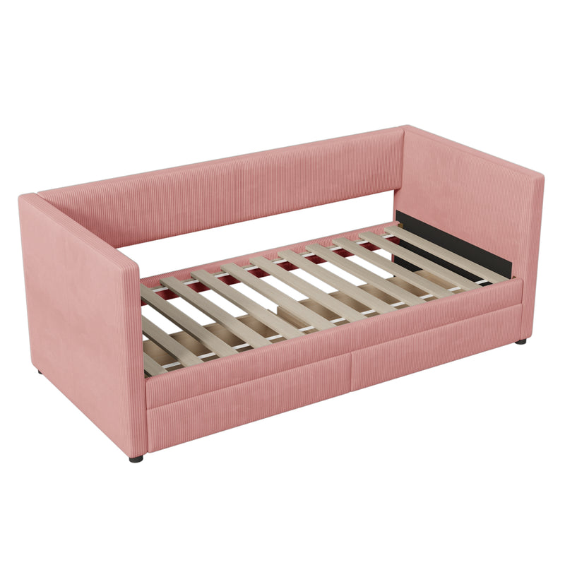 Twin Size Corduroy Daybed with Two Drawers and Wood Slat, Pink