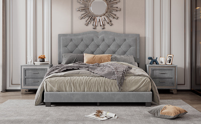 Queen Size Upholstered Bed Frame with Rivet Design, Modern Velvet Platform Bed with Tufted Headboard,Gray