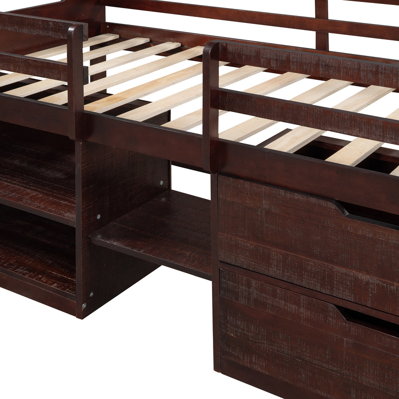 Twin size Loft Bed with Two Shelves and Two drawers (Antique Espresso)