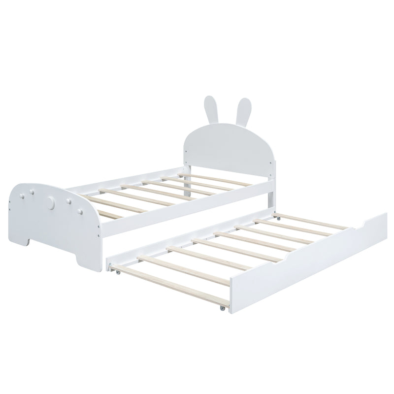 Wood Twin Size Platform Bed with Cartoon Ears Shaped Headboard and Trundle, White