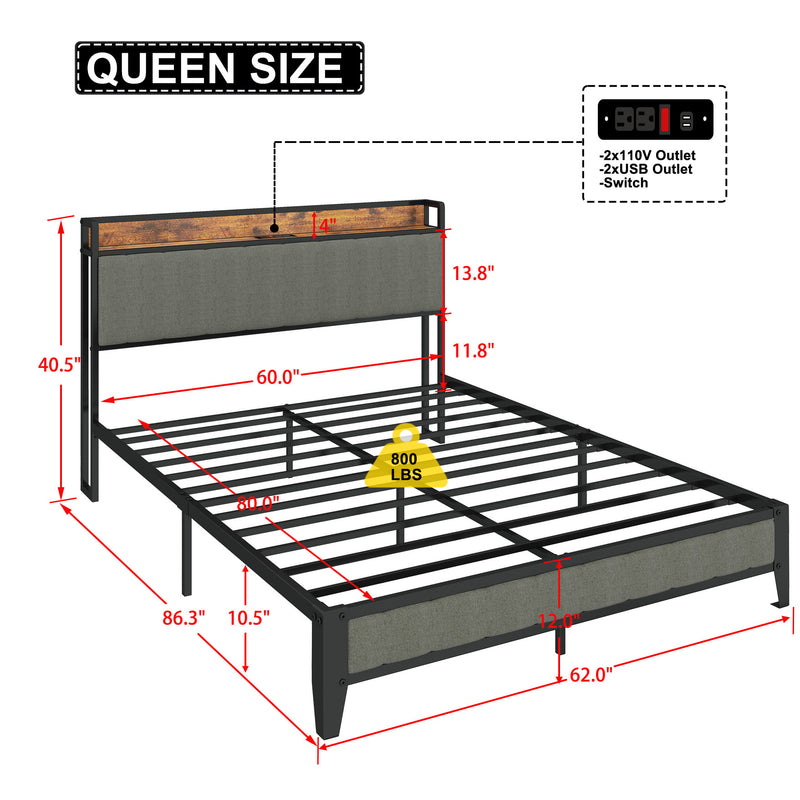 Queen Size Bed Frame with Charging Station, Upholstered Headboard, Metal Platform, Dark Grey