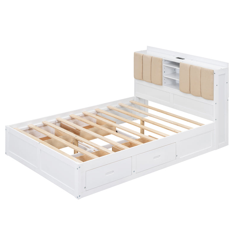 Wood Full Size Platform Bed with Storage Headboard and 4 Drawers, White