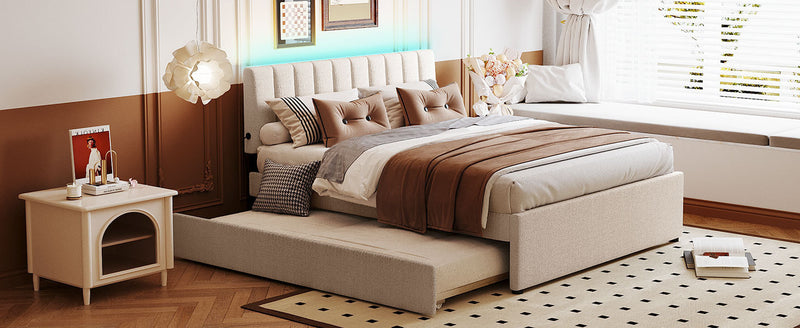 Teddy Fleece Queen Size Upholstered Platform Bed with Trundle, Beige