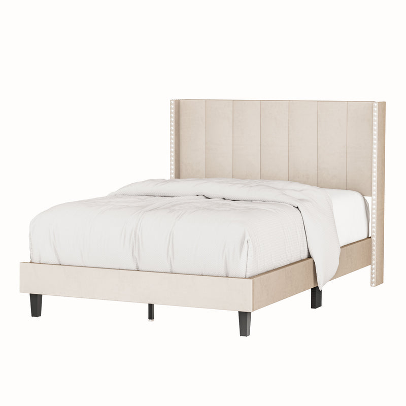 Velvet Upholstered Bed Frame with Vertical Channel Tufted Headboard,Modern Decorative Nailheads, Full size Bed Frame Beige