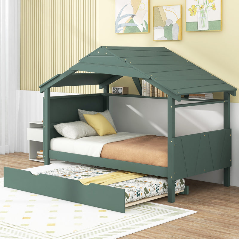 Wood Twin Size House Bed with Trundle and Storage, Green