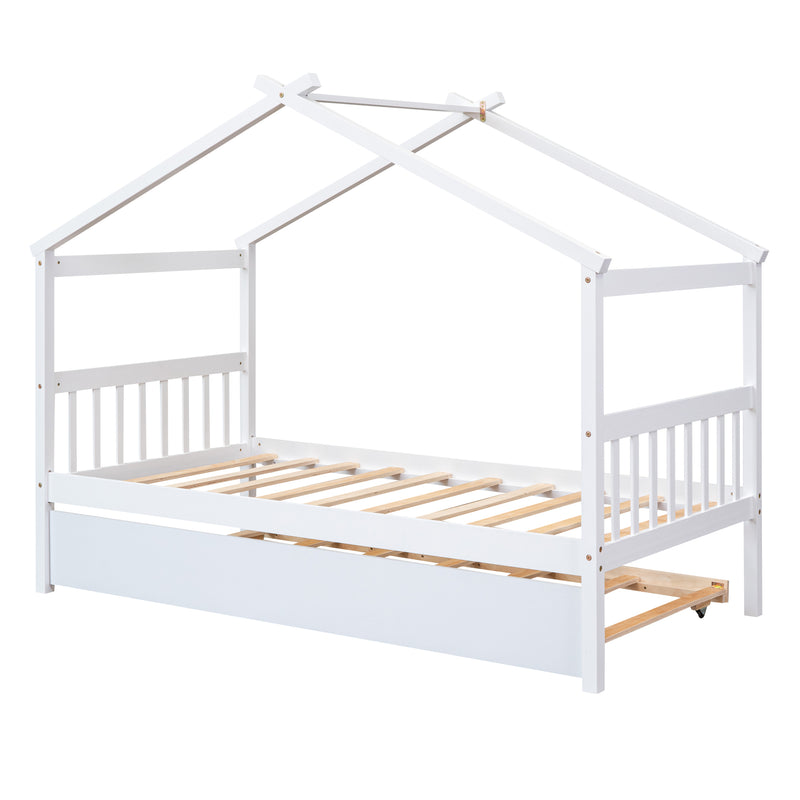 Twin Size Wooden House Bed with Twin Size Trundle, White