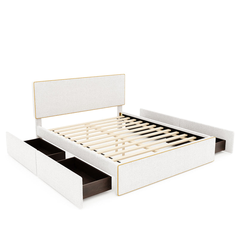 Queen Size Upholstered Platform Bed with 4 Drawers and Golden Edge on the Headboard & Footboard, White