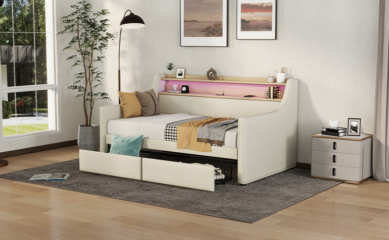 Twin Size Daybed with Storage Drawers, Upholstered Daybed with Charging Station and LED Lights, Beige (Expect arrive date: December 30th.)