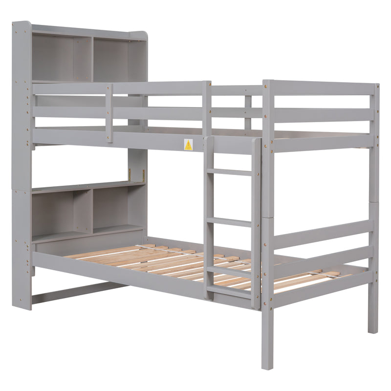 Twin Over Twin Bunk Beds with Bookcase Headboard, Solid Wood Bed Frame with Safety Rail and Ladder, Kids/Teens Bedroom, Guest Room Furniture, Can Be converted into 2 Beds, Grey