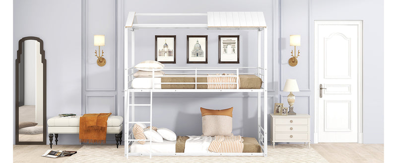 Twin Over Twin Bunk Bed Metal Bed with Half Roof, Guardrail and Ladder White