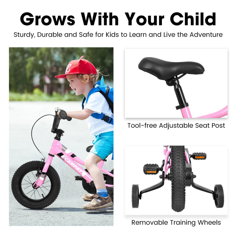 A12117 Kids' Bike 12" Wheels, 1 Speed Boys Girls Child Bicycles For 2 - 3 Years, With Removable Training Wheels Baby Toys, Front V Brake, Rear Holding Brake