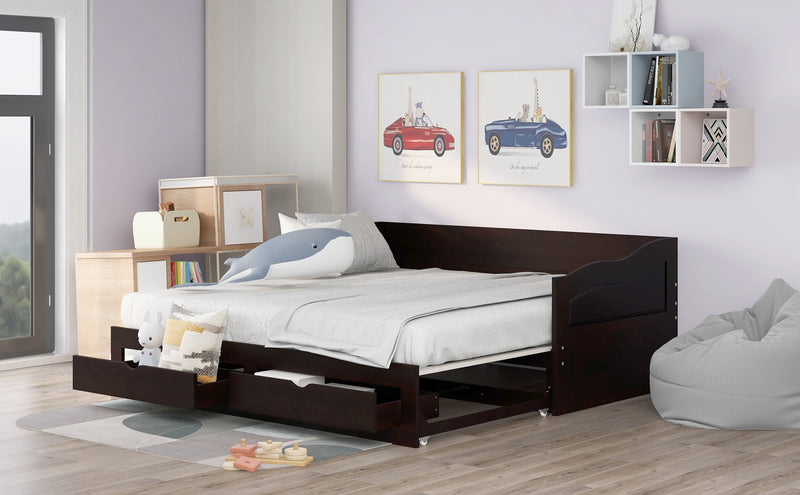 Wooden Daybed with Trundle Bed and Two Storage Drawers , Extendable Bed Daybed,Sofa Bed with Two Drawers, Espresso