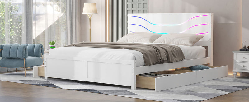 Queen Size Wood Storage Platform Bed with LED and 4 Drawers, White