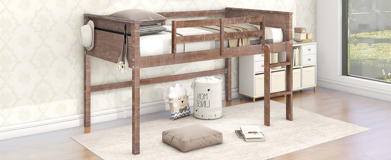 Wood Twin Size Loft Bed with Hanging Clothes Racks, White Rustic Natural