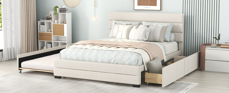 Queen Upholstered Platform Bed with Twin Size Trundle and Two Drawers, Beige