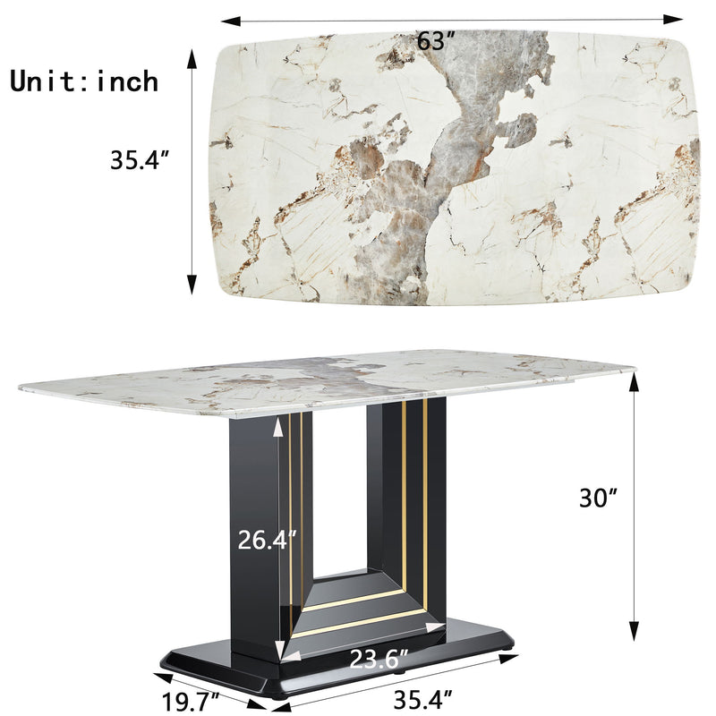 Rectangular Marble Dining Table, Luxurious Dining Room Table With Faux Marble Top And U-Shape MDF Base, Modern Kitchen Dining Table For Kitchen Living Dining Room - White / Black