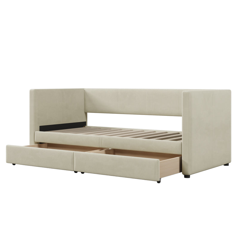 Twin Size Corduroy Daybed with Two Drawers and Wood Slat, Beige