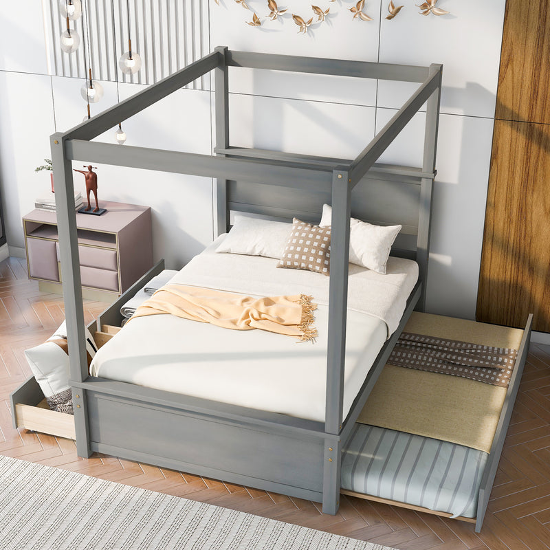 Wood Canopy Bed with Trundle Bed and two Drawers ,Full Size Canopy Platform bed With Support Slats .No Box Spring Needed, Brushed Gray