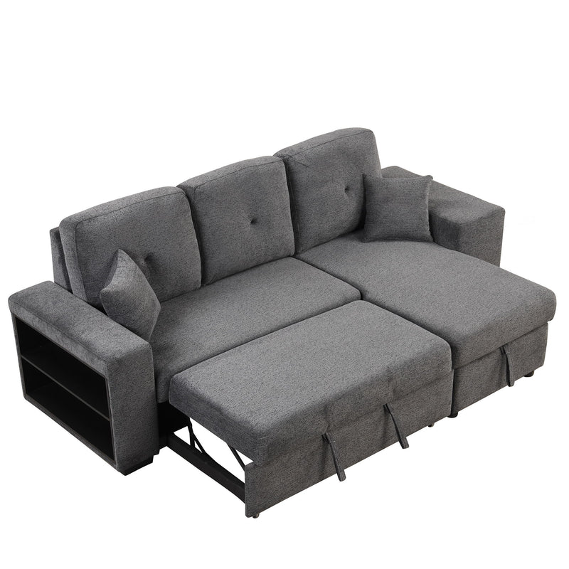 Reversible Sleeper Sectional Sofa Bed With Side Shelf And 2 Stools, Pull-Out L-Shaped Sofa Bed, Corner Sofa-Bed With Storage Chaise Left / Right Hande For Living Room