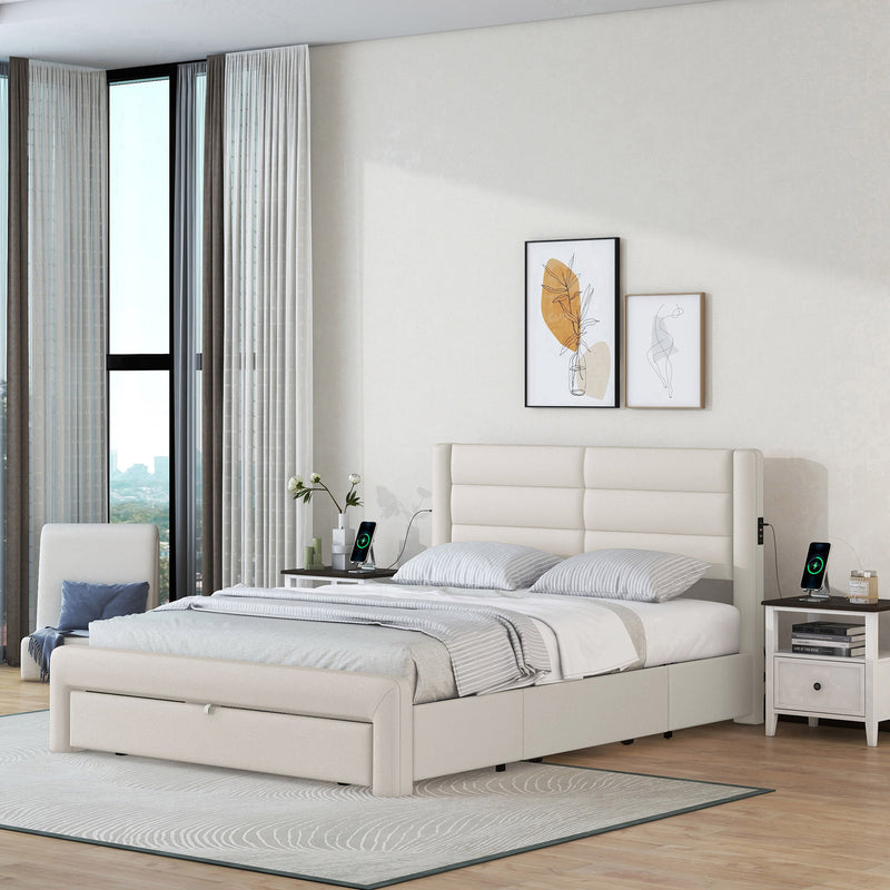 Queen Size Bed Frame with Drawers Storage, Leather Upholstered Platform Bed with Charging Station,Beige