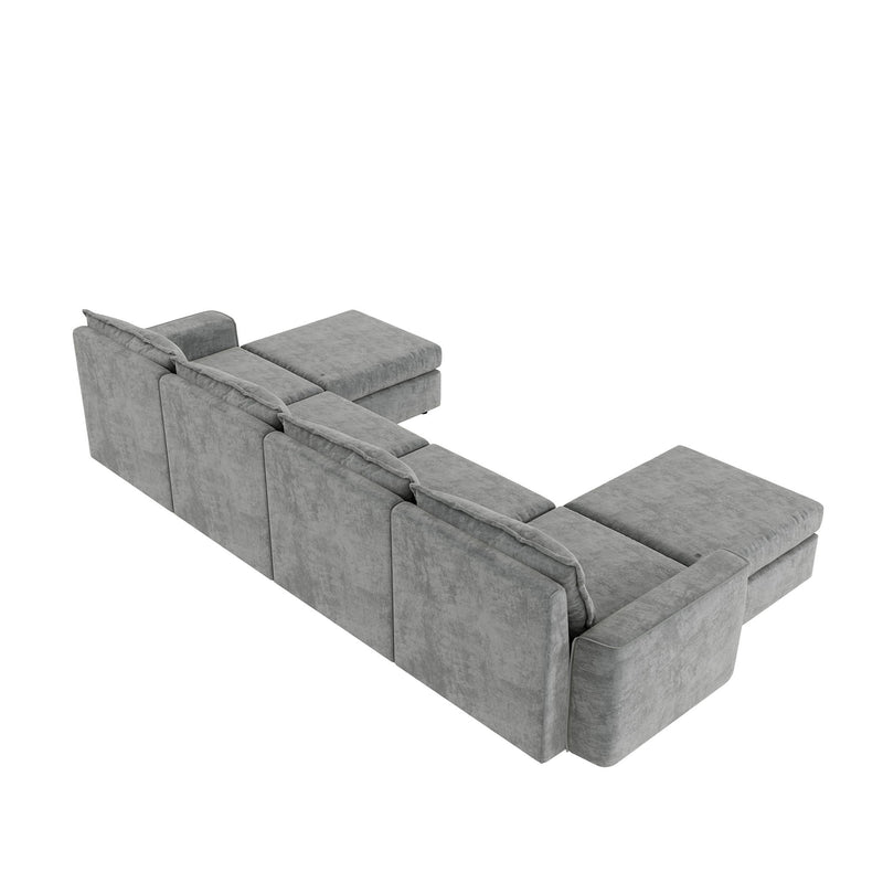 Chenille Modular Sectional Sofa, U Shaped Reversible Couch, Free Combination, 6 Seat Sleeper Sofa Bed With Ottoman, Convertible Oversized Indoor Furniture - Gray