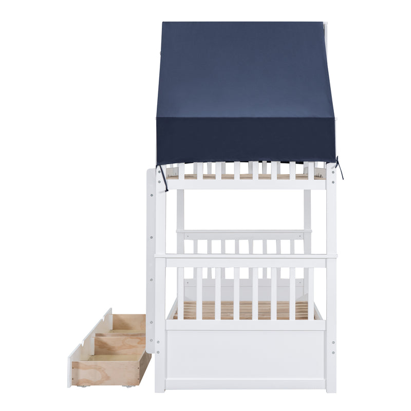 Twin Over Twin Bunk Bed Wood Bed with Tent and Drawers, White+Blue Tent