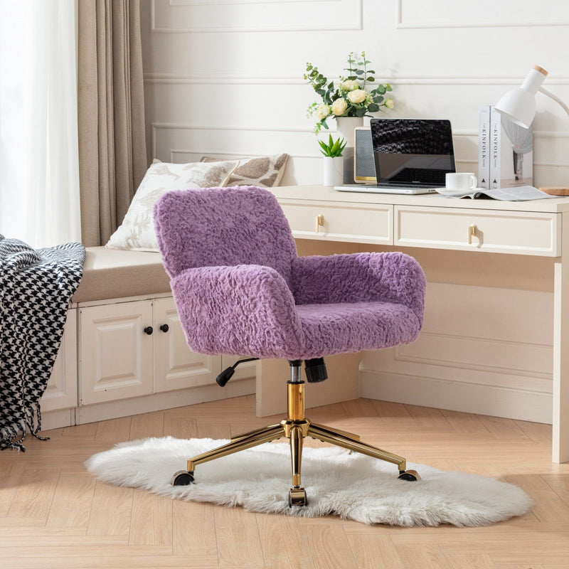 Office Chair, Artificial Rabbit Hair Home Office Chair With Golden Metal Base, Adjustable Desk Chair Swivel Office Chair, Vanity Chair