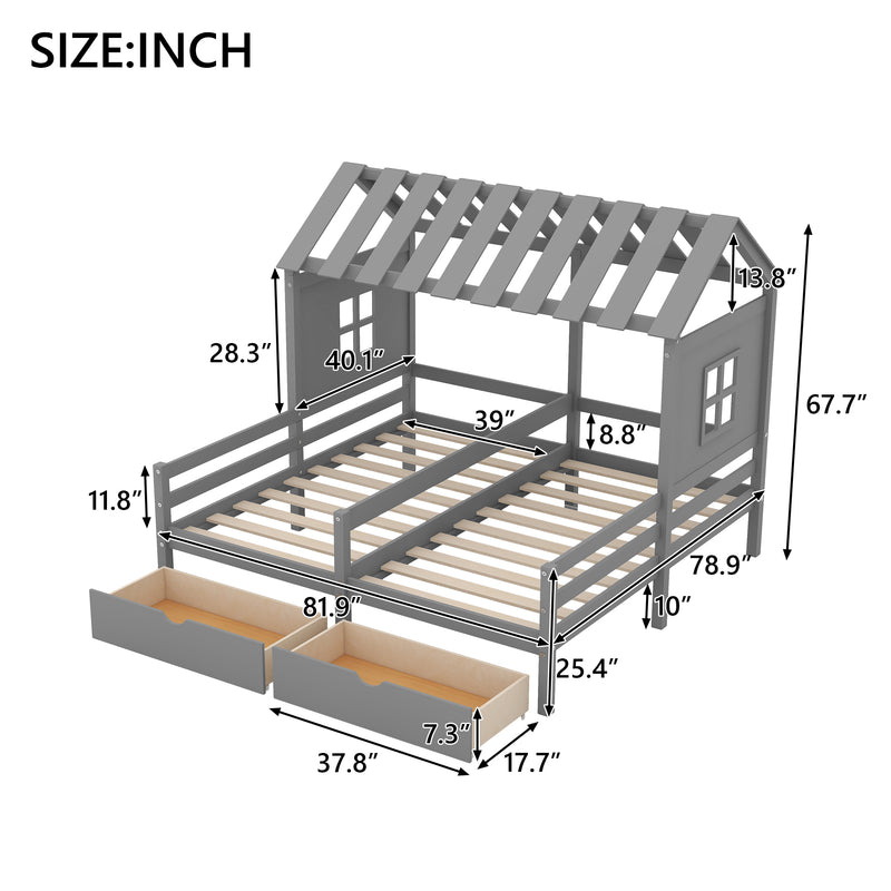 Twin Size House Platform Beds with Two Drawers for Boy and Girl Shared Beds, Combination of 2 Side by Side Twin Size Beds, Gray(old sku: GX000927AAE)