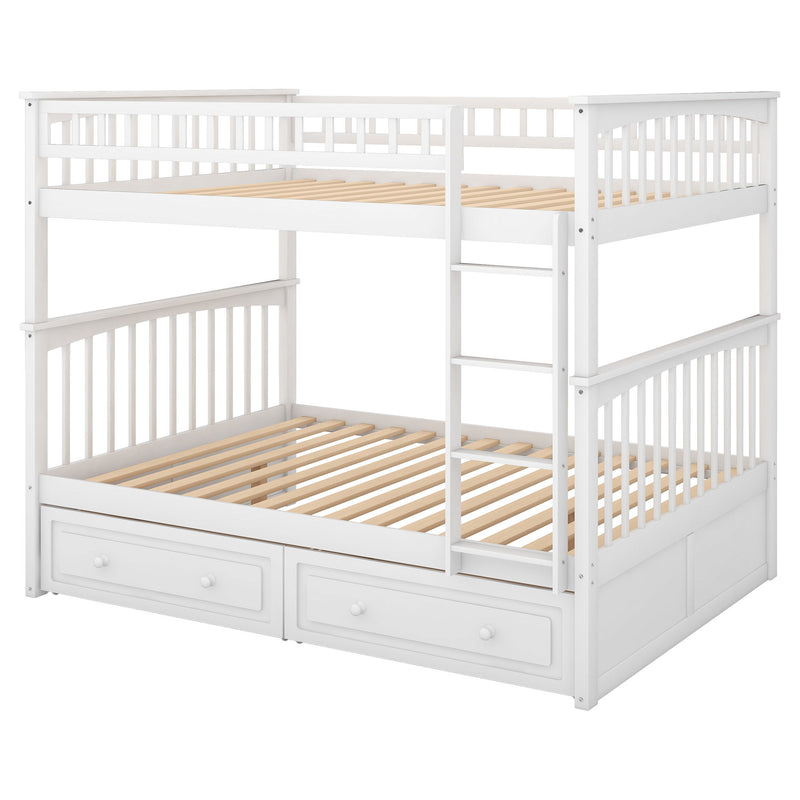 Full Over Full Bunk Bed With Drawers, Convertible Beds - White