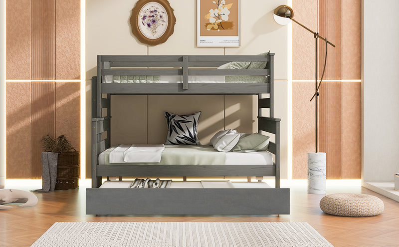 Wood Twin over Full Bunk Bed with Twin Size Trundle, Gray