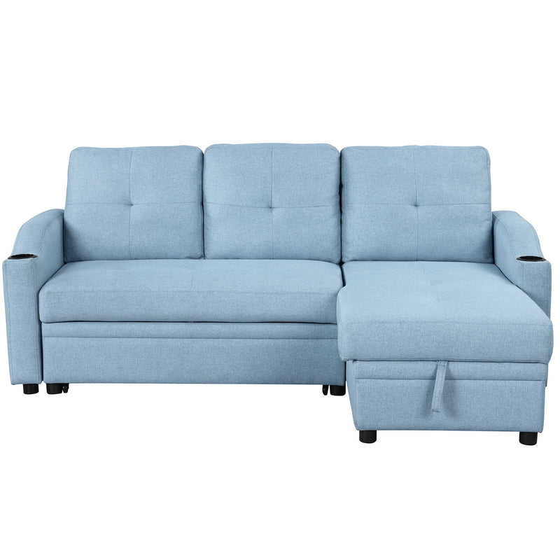 Pull Out Sofa Bed Modern Padded Upholstered Sofa Bed, Linen Fabric 3 Seater Couch With Storage Chaise And Cup Holder, Small Couch For Small Spaces