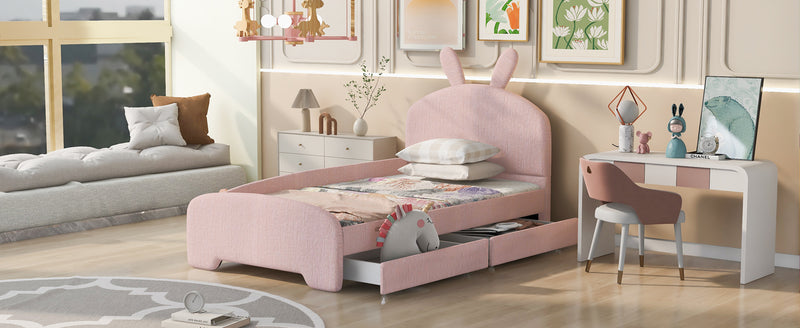 Twin Size Upholstered Platform Bed with Cartoon Ears Shaped Headboard and 2 Drawers, Pink