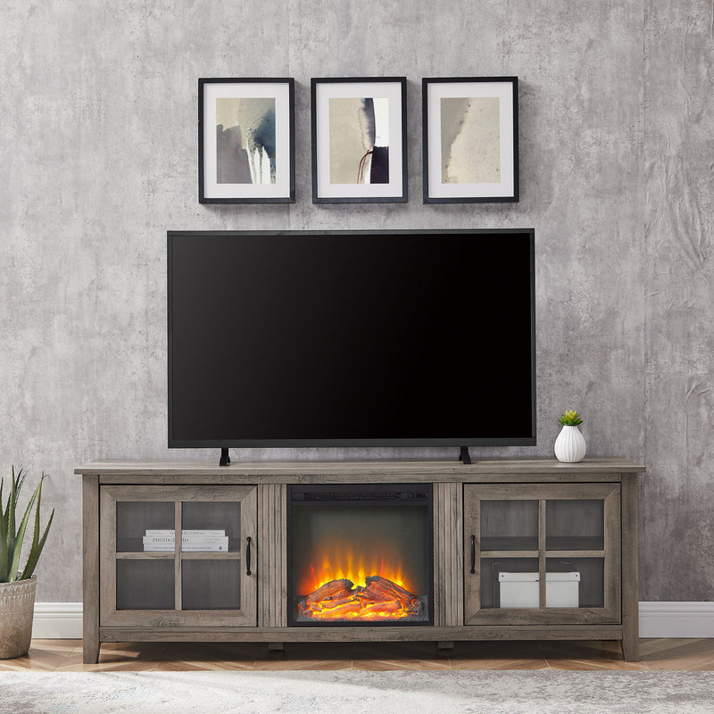 Modern Farmhouse 2 Door Glass Windowpane 70" Fireplace TV Stand For 80" TVs