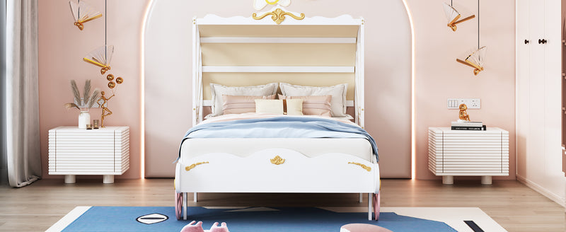 Twin Size Princess Carriage Bed with Canopy, Wood Platform Car Bed with 3D Carving Pattern, White+Pink+Gold