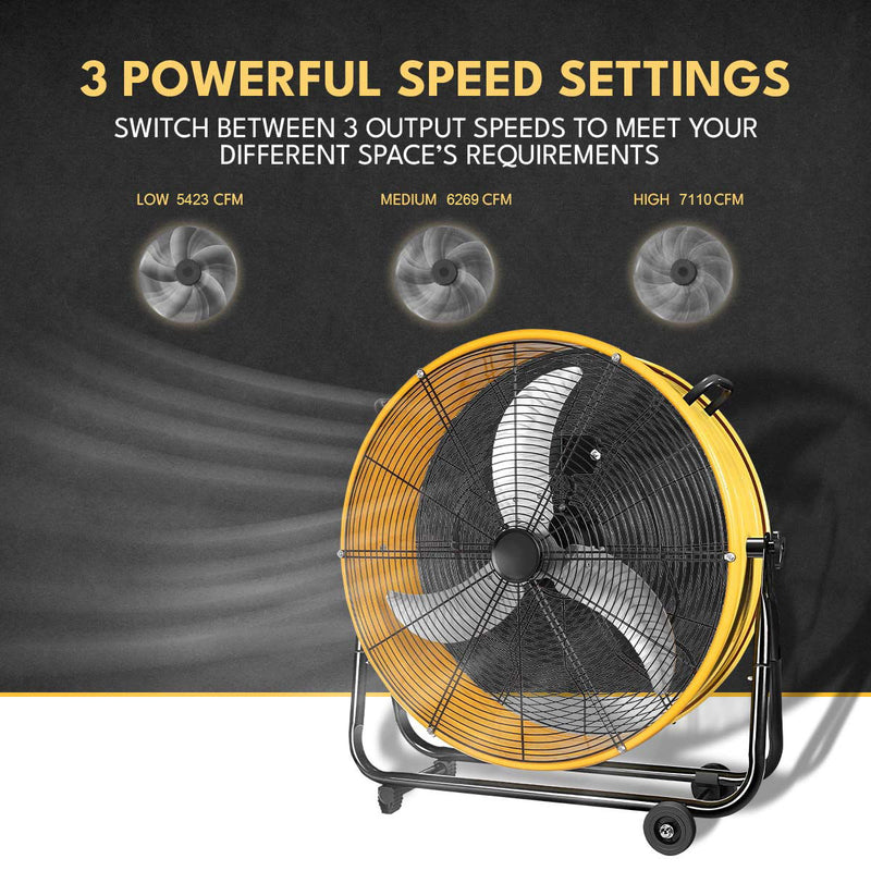 3 Speed Heavy Duty Metal Industrial Drum Fan, Air Circulation - Yellow