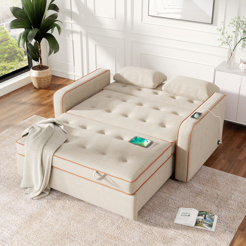 Upholstered Sleeper Bed, Pull Out Sofa Bed Couch Attached Two Throw Pillows, Dual USB Charging Port And Adjustable Backrest For Living Room Space